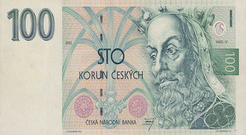 カレル4世の肖像とSTO KORUN ČESKÝCHという文字が印刷された100チェココルナ紙幣。.