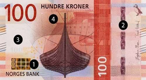 バイキング船が描かれたノルウェーの100クローネ紙幣。1から4までの番号は、偽造防止機能を示しています。.