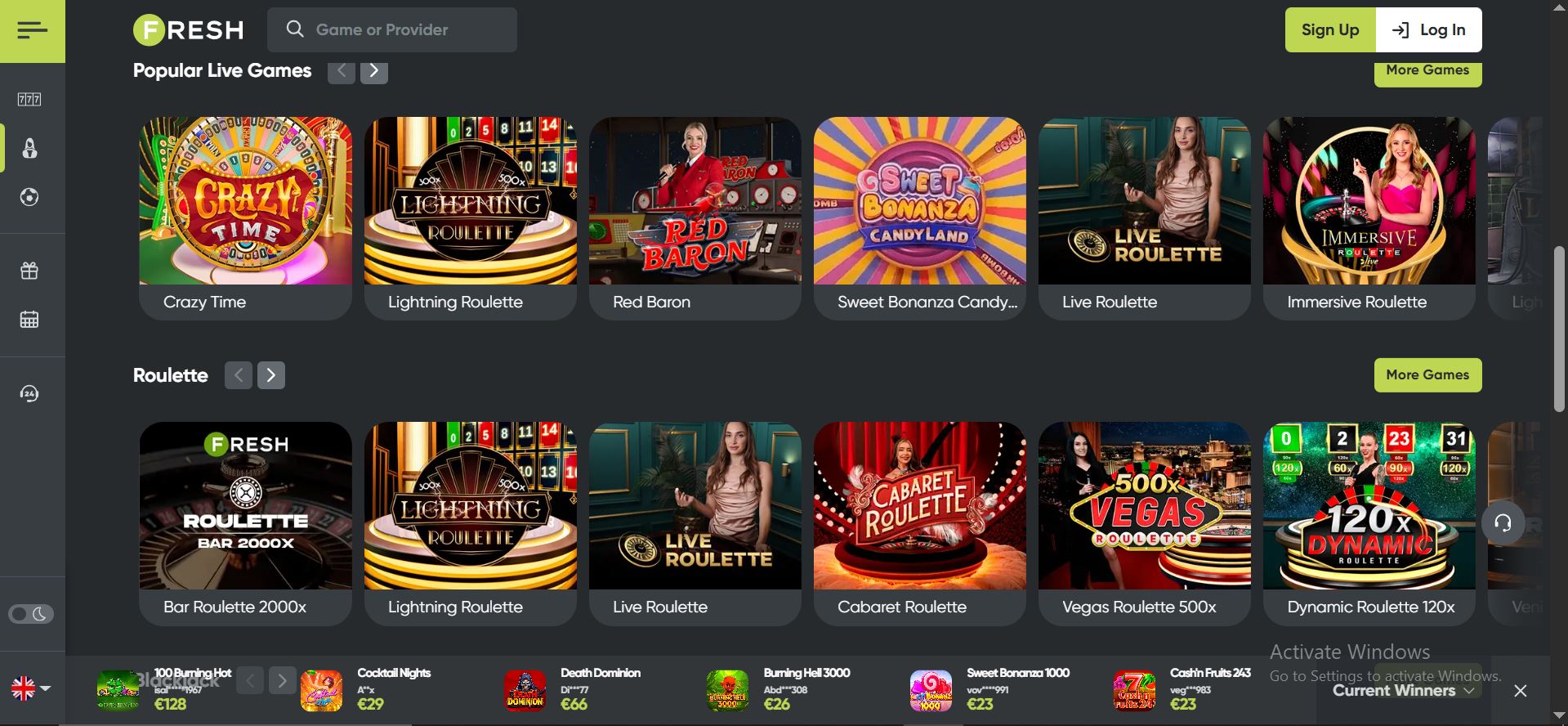 fresh casino live games